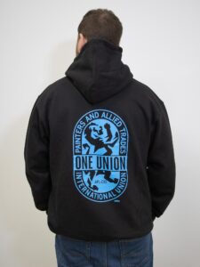 One Union Unisex Hooded Pullover Sweatshirt - Black with Blue Print - Back