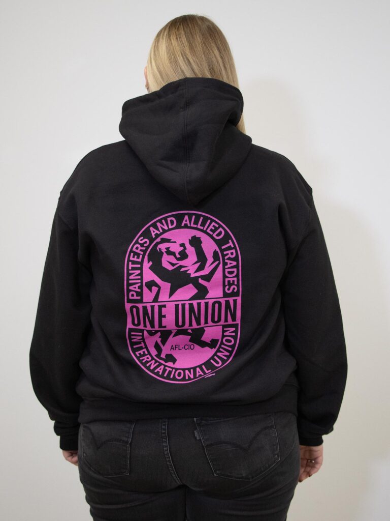 One Union Unisex Hooded Pullover Sweatshirt - Black with Pink Print - Back